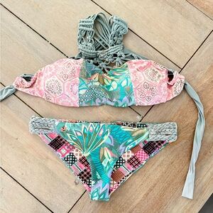Maaji Multicolor Macramé-Back Bikini — Pink, Teal, Gray